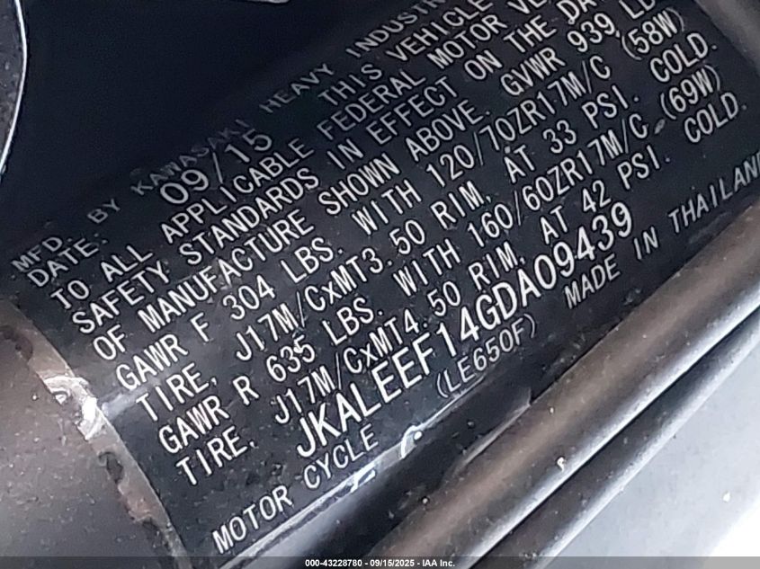 2016 Kawasaki Kle650 F/Lt VIN: JKALEEF14GDA09439 Lot: 43228780