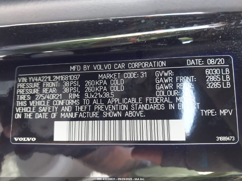 2021 Volvo Xc90 T6 Inscription 6 Passenger VIN: YV4A221L2M1681097 Lot: 43228831