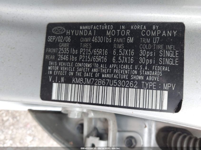 2007 Hyundai Tucson Gls VIN: KM8JM72B67U530262 Lot: 43228839