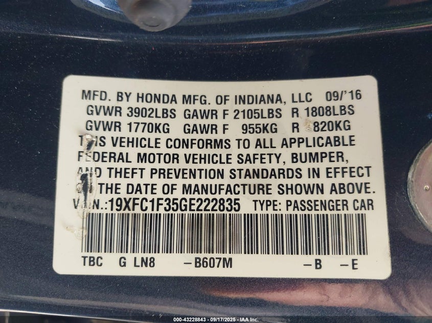 2016 HONDA CIVIC EX-T - 19XFC1F35GE222835