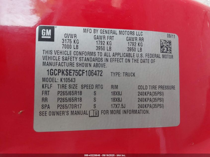 2012 Chevrolet Silverado Lt VIN: 1GCPKSE75CF106472 Lot: 43228846