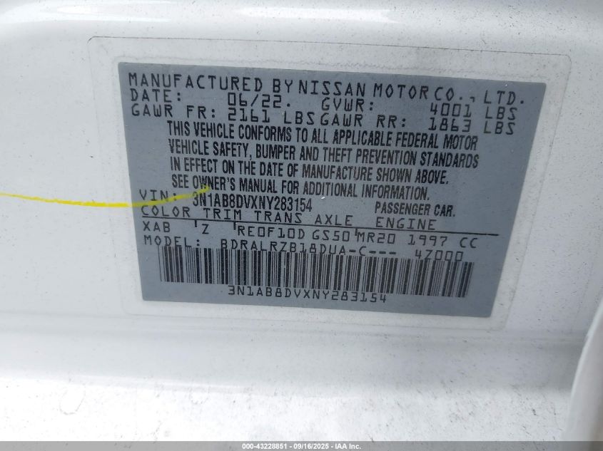 2022 Nissan Sentra Sr Xtronic Cvt VIN: 3N1AB8DVXNY283154 Lot: 43228851