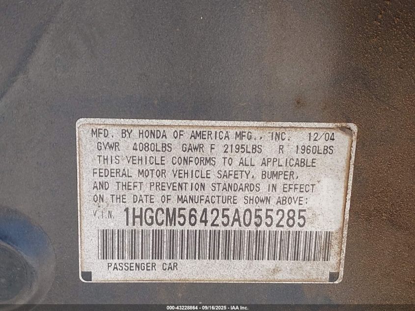 2005 Honda Accord 2.4 Lx VIN: 1HGCM56425A055285 Lot: 43228864