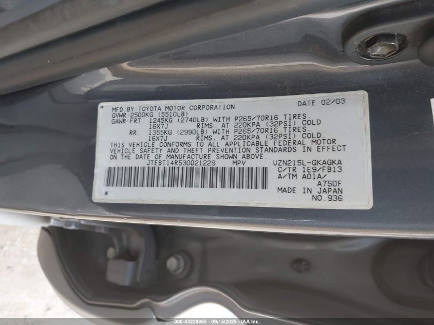 2003 Toyota 4Runner Sr5 Sport V8 VIN: JTEBT14R530021229 Lot: 43228865