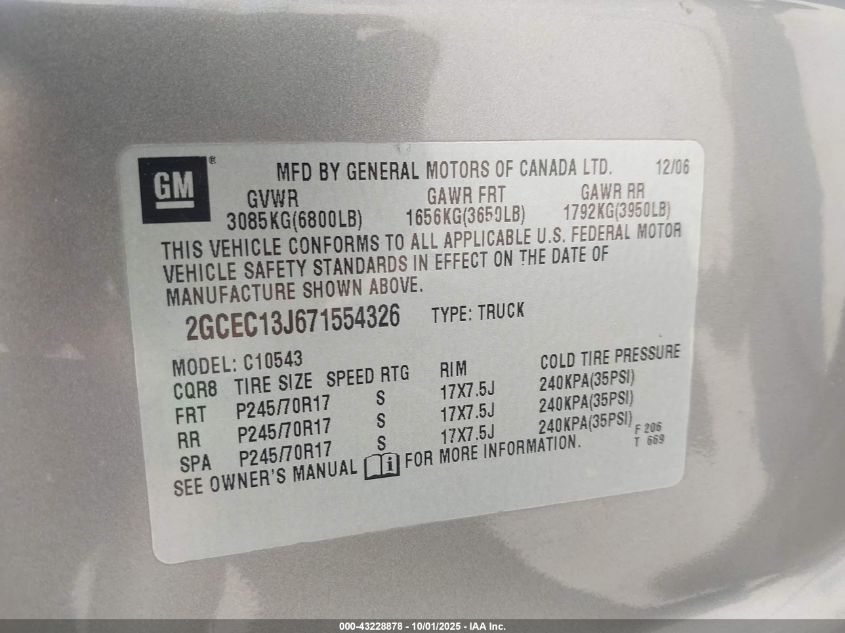 2007 Chevrolet Silverado 1500 Lt1 VIN: 2GCEC13J671554326 Lot: 43228878