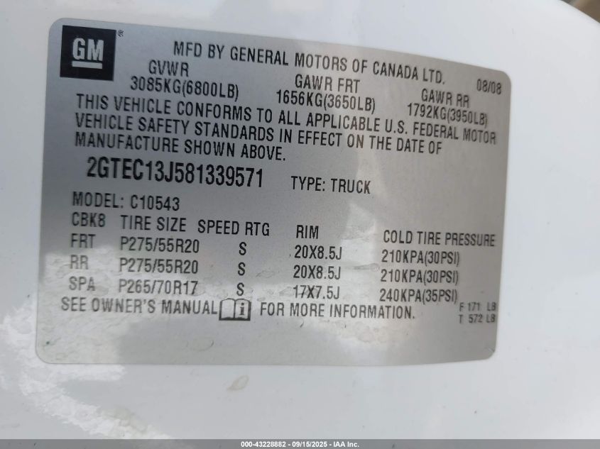 2008 GMC Sierra 1500 Sle1 VIN: 2GTEC13J581339571 Lot: 43400302