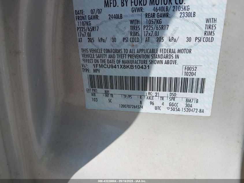 2008 Ford Escape Limited VIN: 1FMCU941X8KB10431 Lot: 43228884