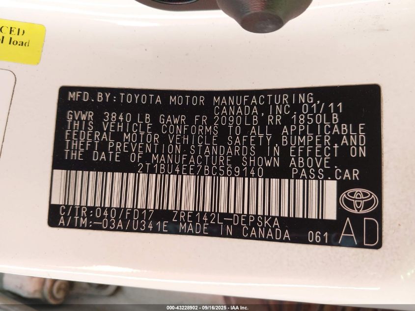 2011 Toyota Corolla S VIN: 2T1BU4EE7BC569140 Lot: 43228902