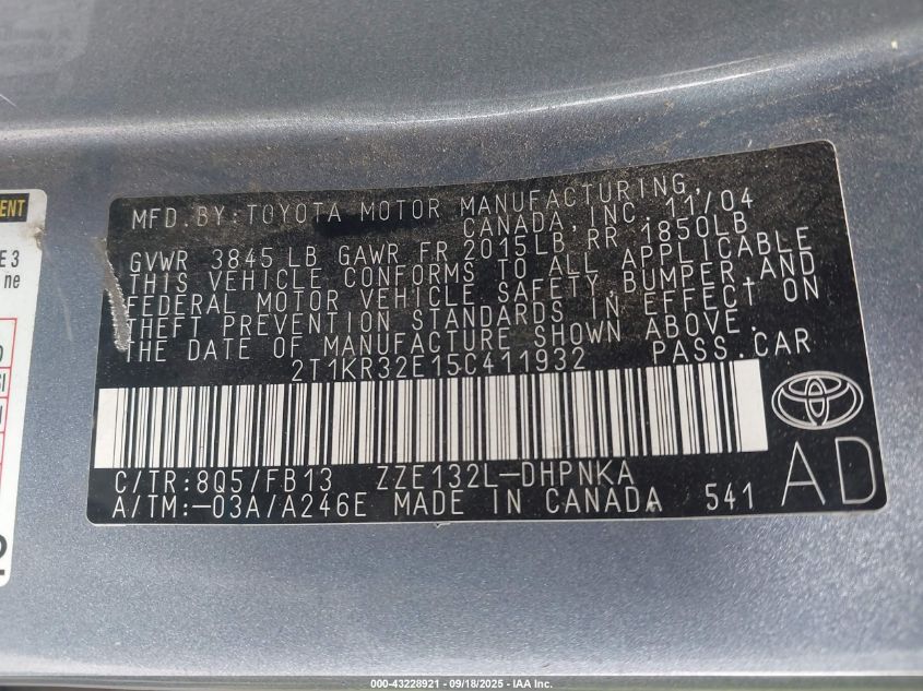 2005 Toyota Matrix Xr VIN: 2T1KR32E15C411932 Lot: 43228921