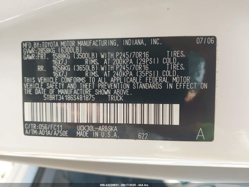 2006 Toyota Tundra Sr5 V8 VIN: 5TBRT34186S481875 Lot: 43228931