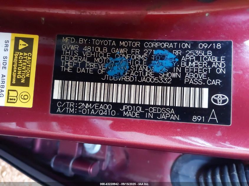 2018 Toyota Mirai VIN: JTDBVRBD1JA005332 Lot: 43228942