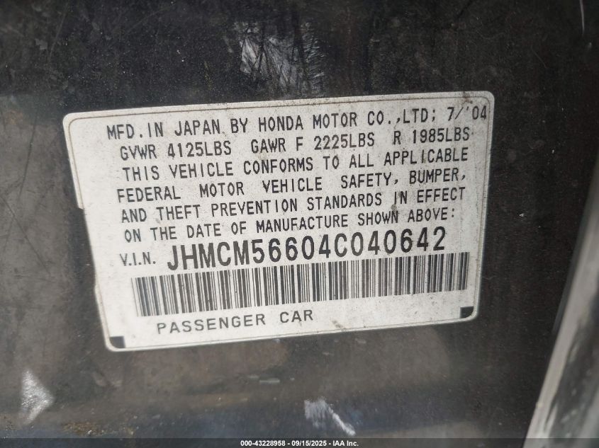 2004 Honda Accord 2.4 Ex VIN: JHMCM56604C040642 Lot: 43228958