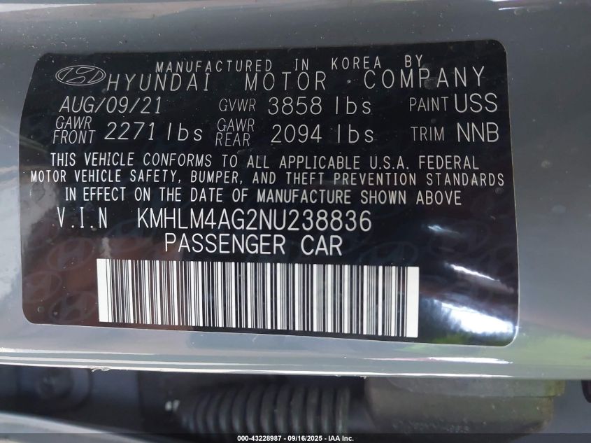 2022 Hyundai Elantra Sel VIN: KMHLM4AG2NU238836 Lot: 43228987