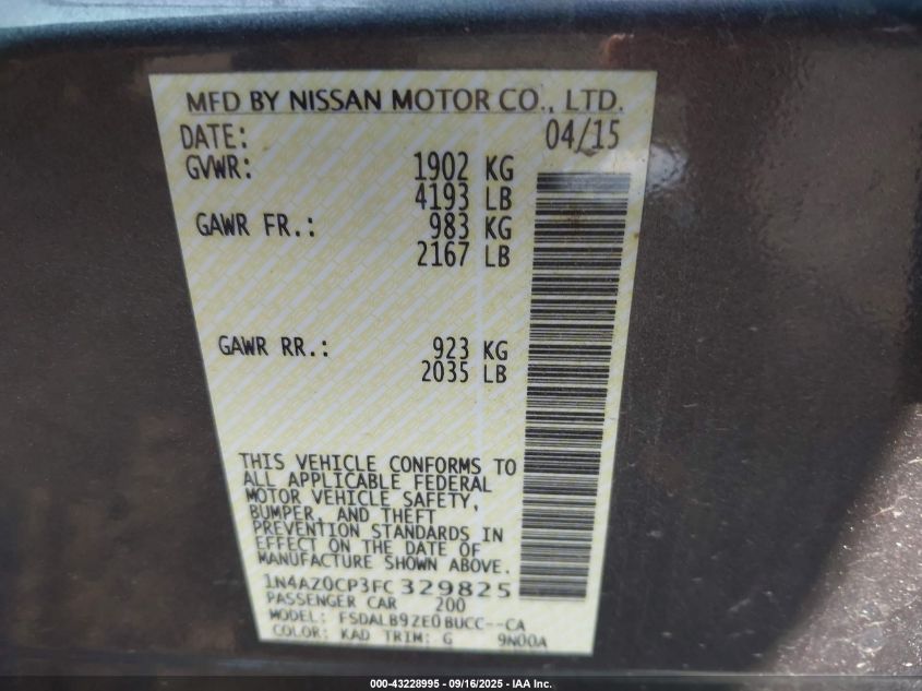 2015 Nissan Leaf S VIN: 1N4AZ0CP3FC329825 Lot: 43228995