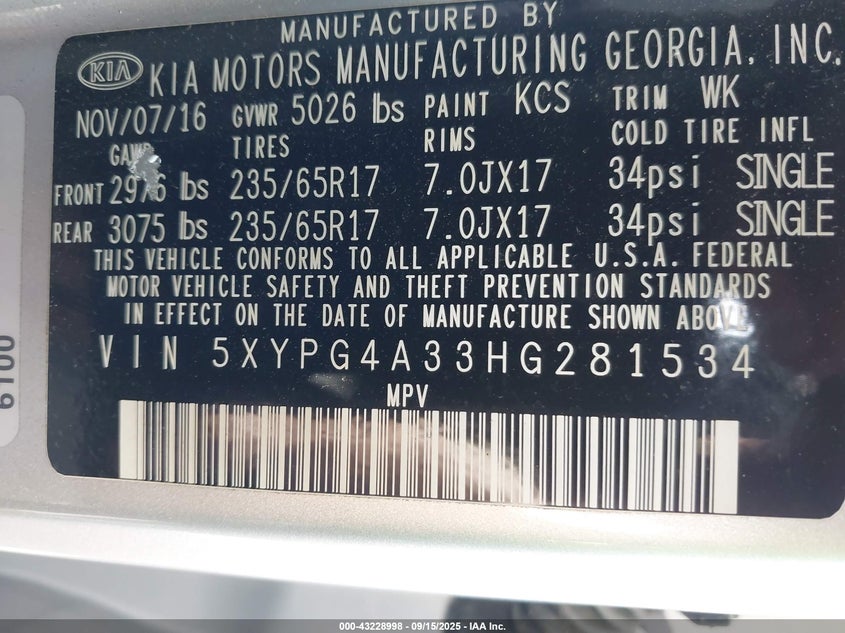 2017 KIA SORENTO 2.4L LX - 5XYPG4A33HG281534