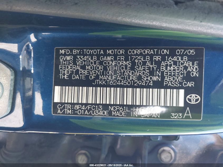 2005 Scion Xa VIN: JTKKT624450129474 Lot: 43229021