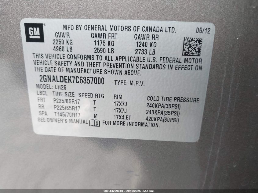 2012 Chevrolet Equinox 1Lt VIN: 2GNALDEK7C6357000 Lot: 43229040