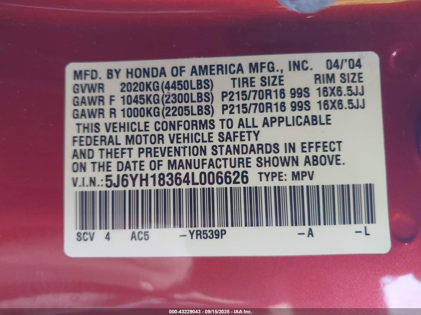 2004 Honda Element Lx VIN: 5J6YH18364L006626 Lot: 43229043