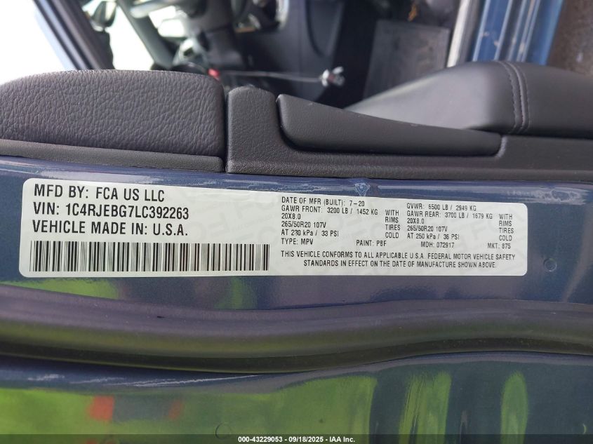 2020 Jeep Grand Cherokee Limited X 4X2 VIN: 1C4RJEBG7LC392263 Lot: 43229053