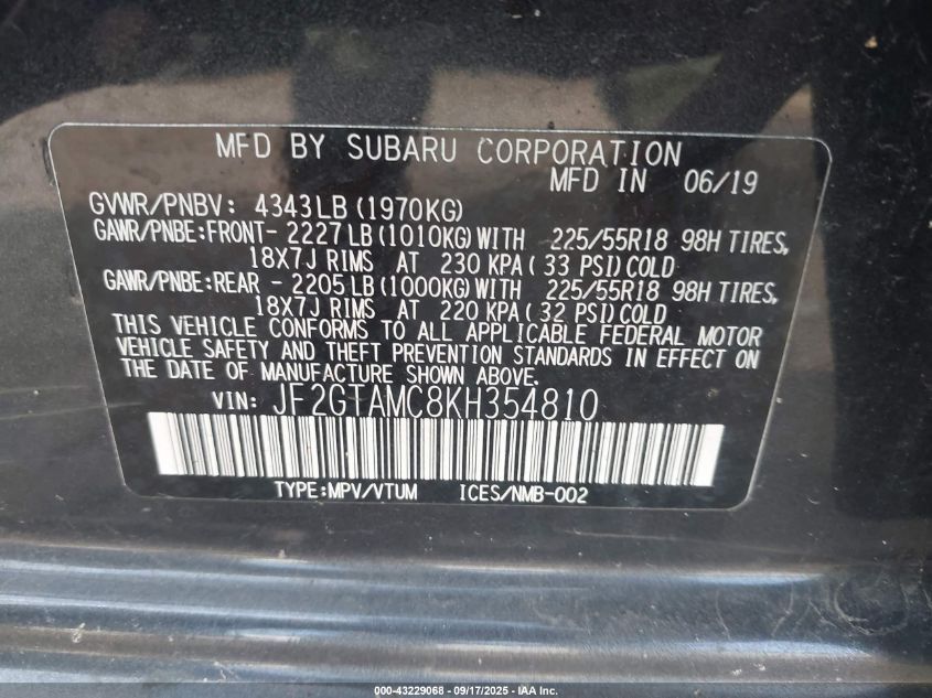 2019 Subaru Crosstrek 2.0I Limited VIN: JF2GTAMC8KH354810 Lot: 43229068