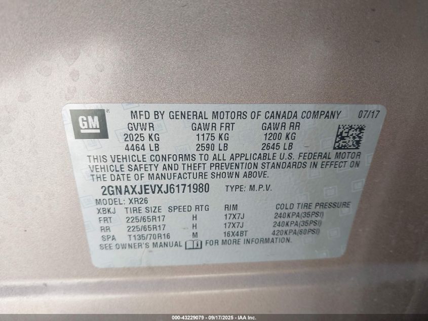 2018 Chevrolet Equinox Lt VIN: 2GNAXJEVXJ6171980 Lot: 43229079