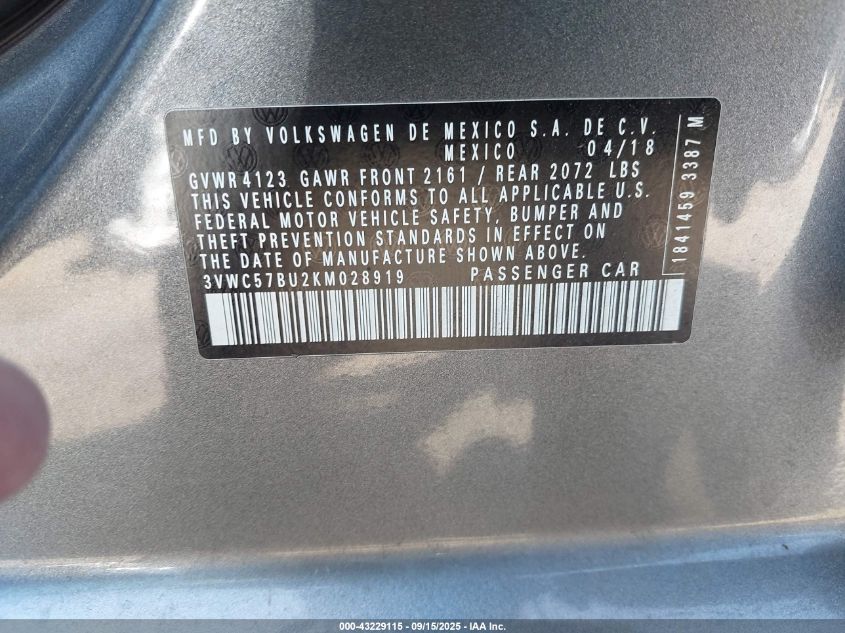 2019 Volkswagen Jetta 1.4T R-Line/1.4T S/1.4T Se VIN: 3VWC57BU2KM028919 Lot: 43229115