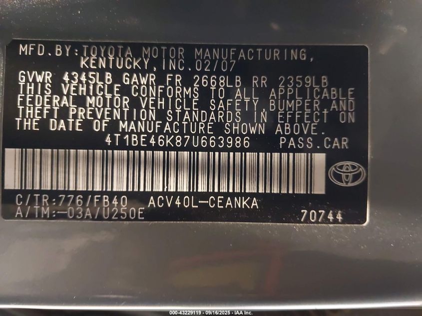 2007 Toyota Camry Le VIN: 4T1BE46K87U663986 Lot: 43229119
