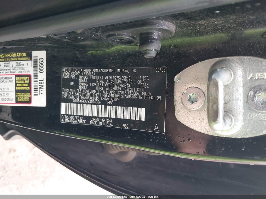 2008 Toyota Sequoia Sr5 5.7L V8 VIN: 5TDBY64A78S014364 Lot: 43229124