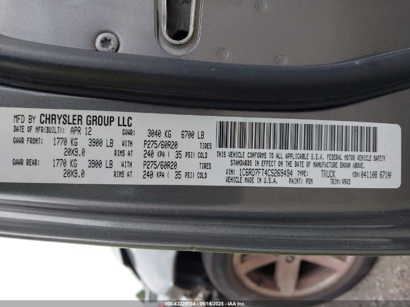 2012 Ram 1500 St VIN: 1C6RD7FT4CS269494 Lot: 43229134