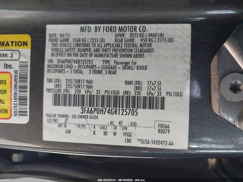 2016 Ford Fusion Se VIN: 3FA6P0H74GR125705 Lot: 43229141