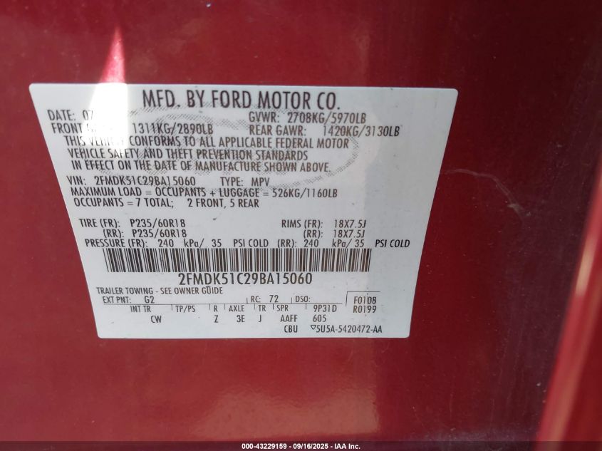 2009 Ford Flex Se VIN: 2FMDK51C29BA15060 Lot: 43229159