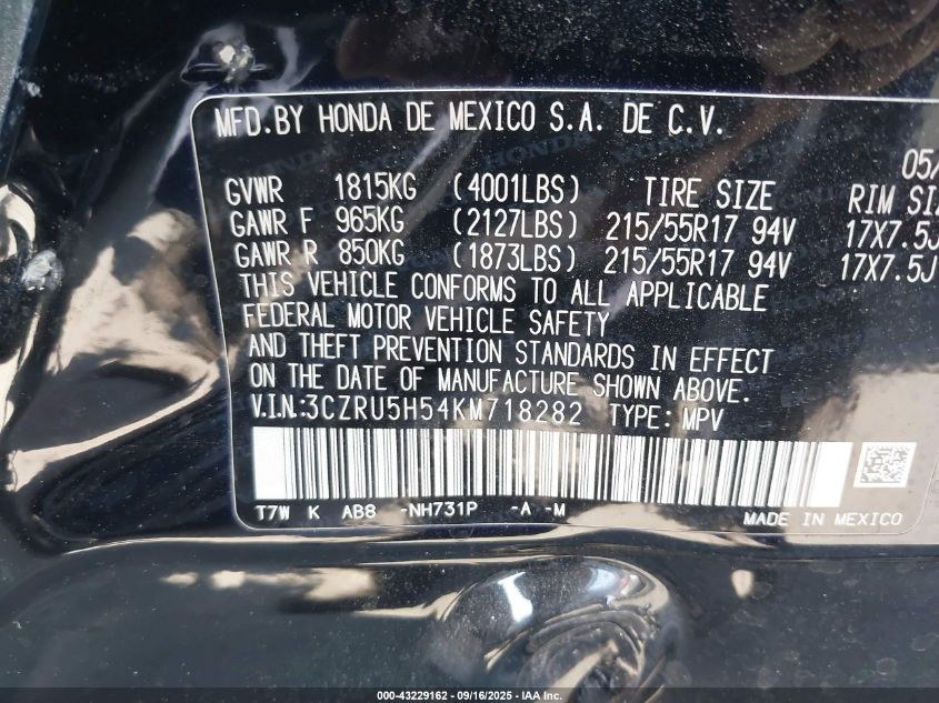 2019 Honda Hr-V Ex VIN: 3CZRU5H54KM718282 Lot: 43229162