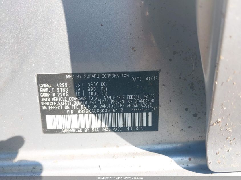 2019 Subaru Impreza 2.0I Premium VIN: 4S3GKAC63K3616419 Lot: 43229167