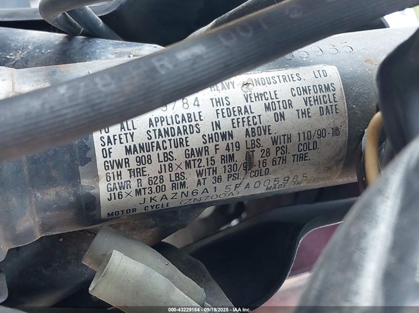 1985 Kawasaki Zn700 VIN: JKAZN6A15FA005985 Lot: 43229184