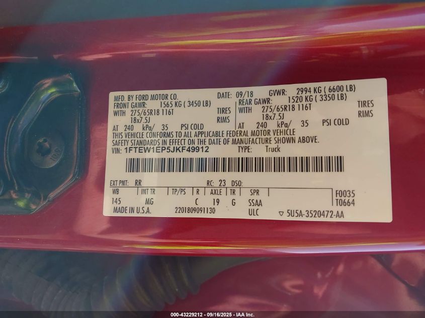2018 Ford F-150 Xlt VIN: 1FTEW1EP5JKF49912 Lot: 43229212