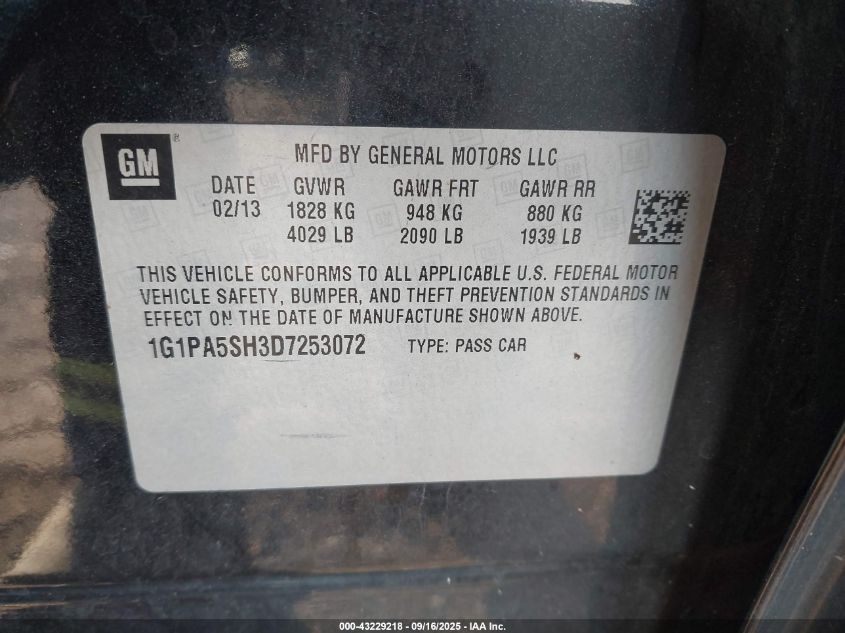 2013 Chevrolet Cruze Ls Auto VIN: 1G1PA5SH3D7253072 Lot: 43229218