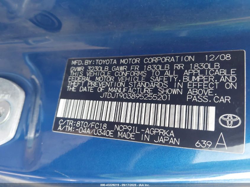 2009 Toyota Yaris VIN: JTDJT903895255201 Lot: 43229219