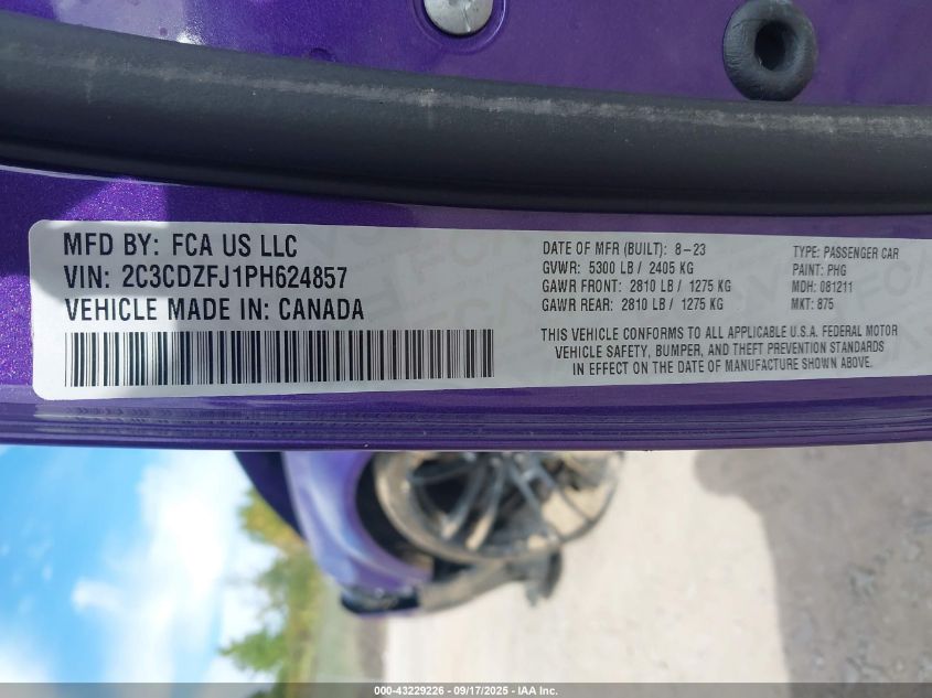 2023 Dodge Challenger R/T Scat Pack Widebody VIN: 2C3CDZFJ1PH624857 Lot: 43229226