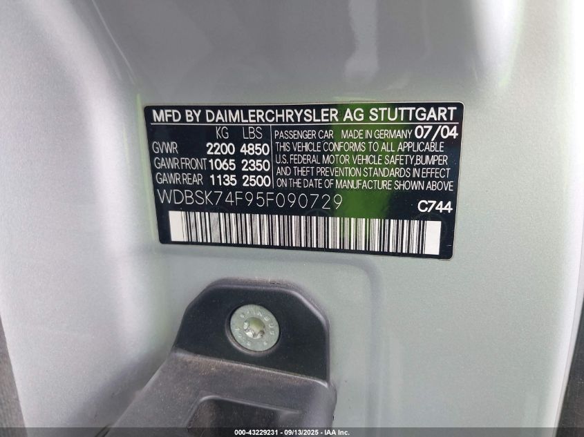2005 Mercedes-Benz Sl 55 Amg VIN: WDBSK74F95F090729 Lot: 43229231