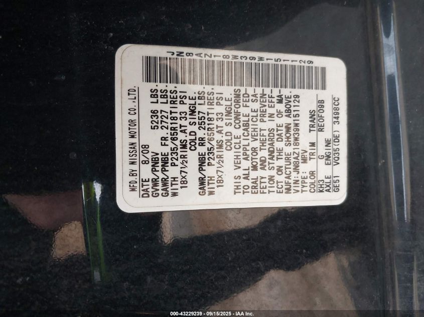 2009 Nissan Murano Sl VIN: JN8AZ18W39W151129 Lot: 43229239