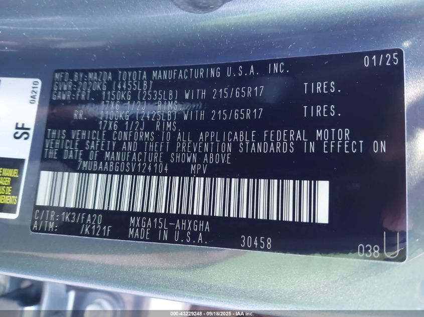 2025 Toyota Corolla Cross Le VIN: 7MUBAABG0SV124104 Lot: 43229248