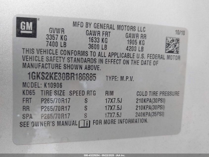 2011 GMC Yukon Xl 1500 Slt VIN: 1GKS2KE30BR186885 Lot: 43229254