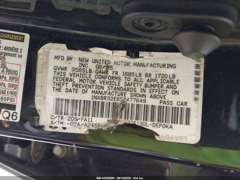 2005 Toyota Corolla Ce/Le/S VIN: 1NXBR32E85Z477649 Lot: 43229269