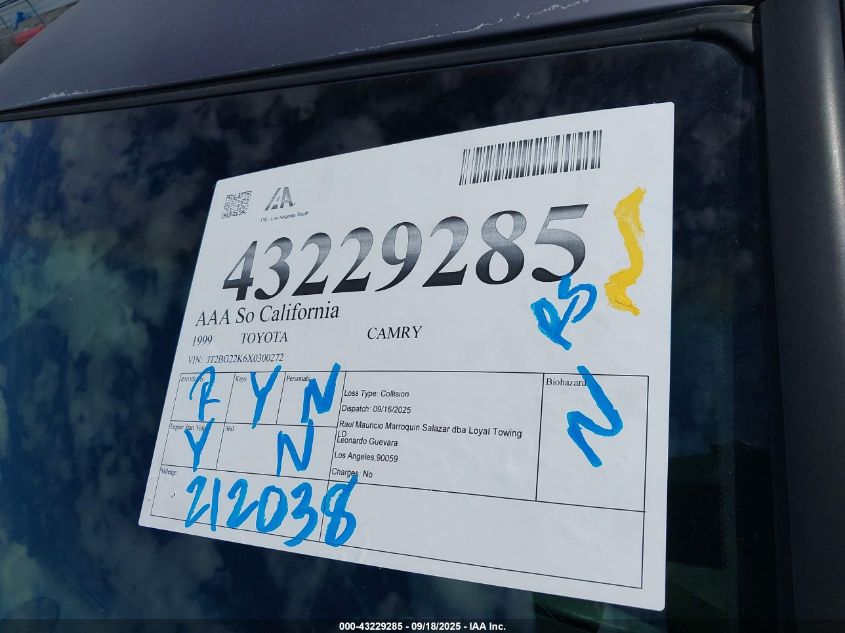 1999 Toyota Camry Le VIN: JT2BG22K6X0300272 Lot: 43229285