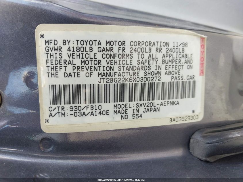 1999 Toyota Camry Le VIN: JT2BG22K6X0300272 Lot: 43229285