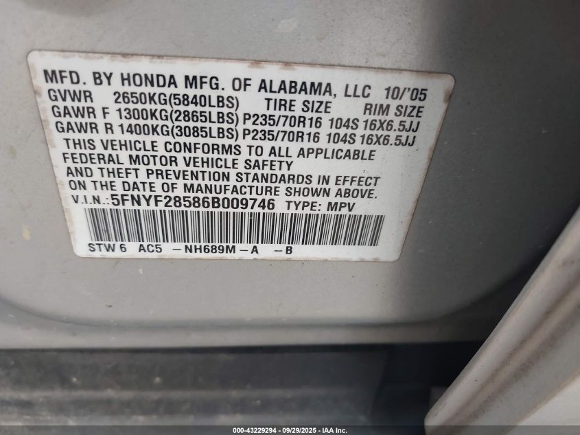 2006 Honda Pilot Ex-L VIN: 5FNYF28586B009746 Lot: 43229294