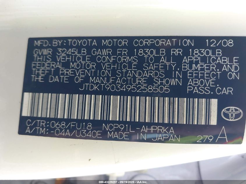 2009 Toyota Yaris VIN: JTDKT903495258505 Lot: 43229297