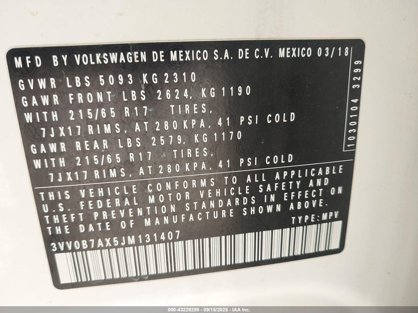 2018 VOLKSWAGEN TIGUAN 2.0T S - 3VV0B7AX5JM131407