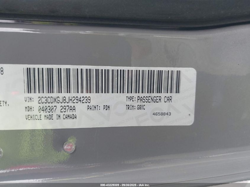 2018 Dodge Charger R/T Scat Pack Rwd VIN: 2C3CDXGJ8JH294239 Lot: 43229309