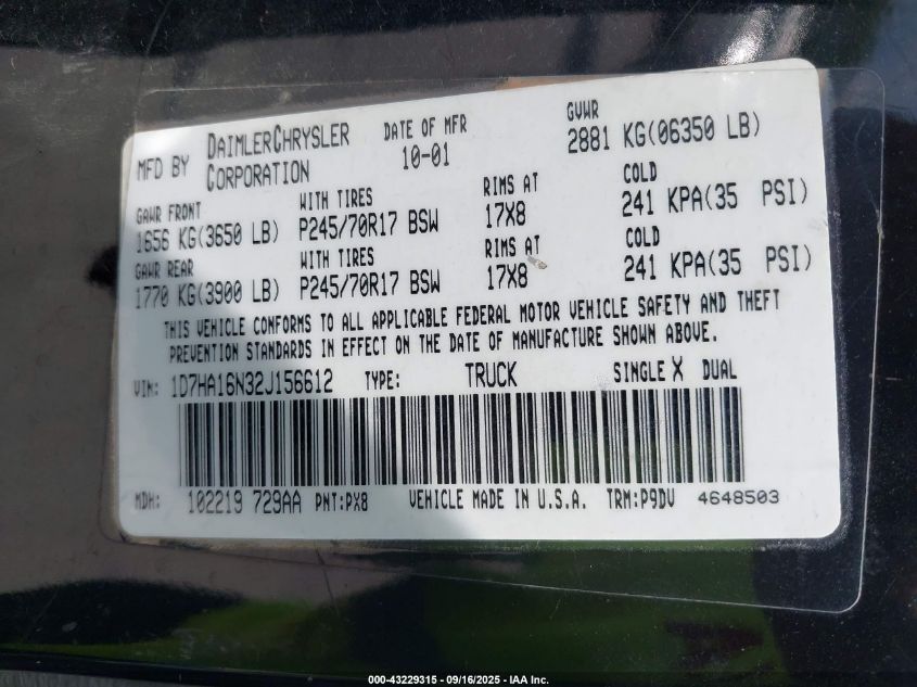 2002 Dodge Ram 1500 St VIN: 1D7HA16N32J156612 Lot: 43229315